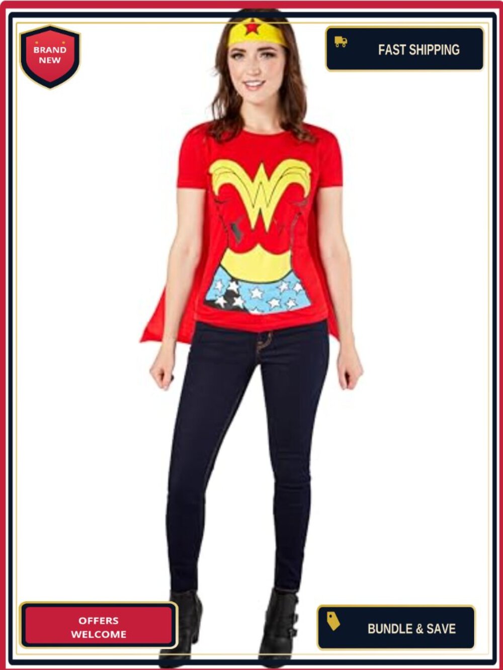 DC Comics Wonder Woman Costume Tee With Cape And Tiara Adult XL